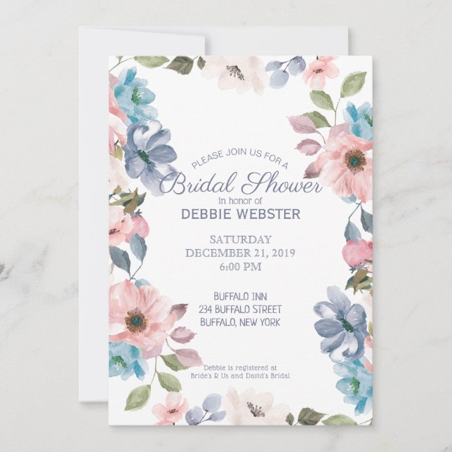 Invitación Boda rosa pastel azul morado  ducha de novia (Anverso)