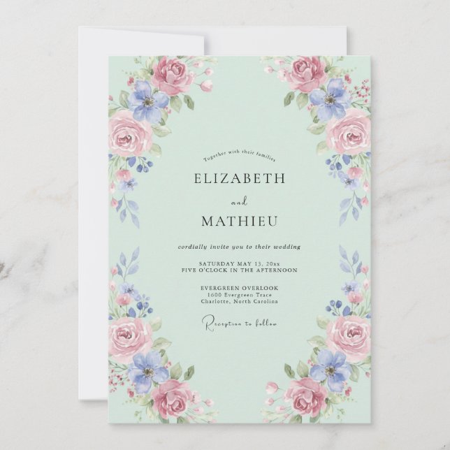 Invitación Boda Rosa Periwinkle Espuma de Mar (Anverso)