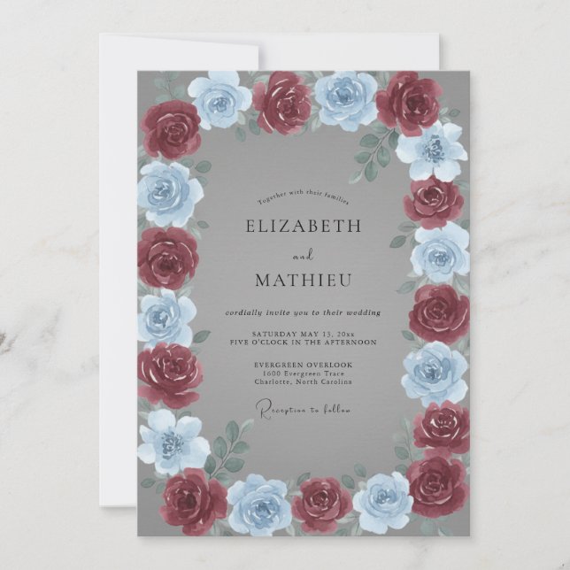 Invitación Boda Rosa Periwinkle Granate (Anverso)