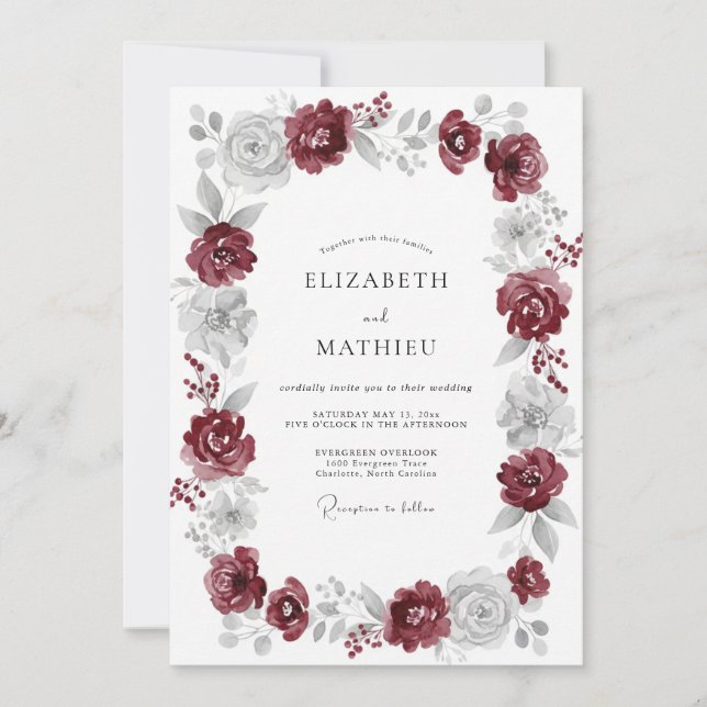 Invitación Boda Rosa Plateada Granate (Anverso)