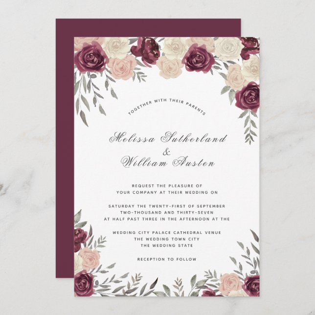 Invitación Boda Rosa Polvo Rosado de Borgoña (Anverso / Reverso)