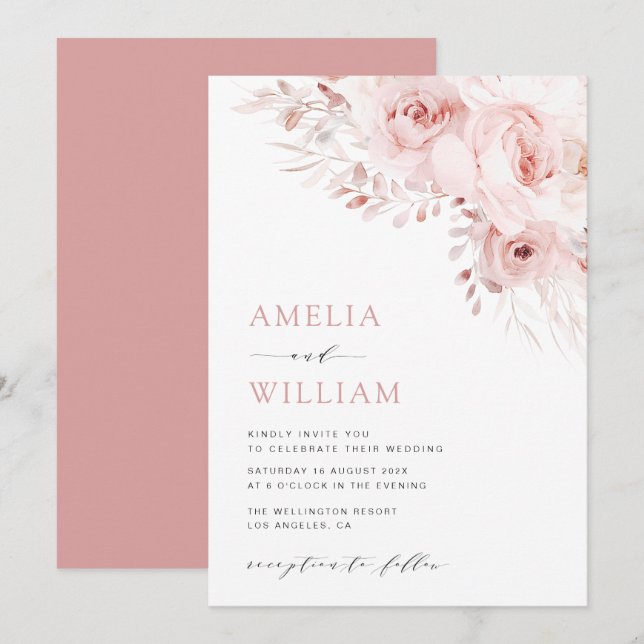 Invitación boda rosa polvoriento de boho moderno (Anverso / Reverso)