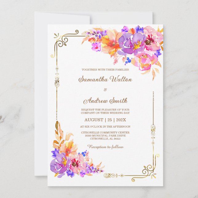 Invitación Boda rosa, púrpura y Naranja (Anverso)