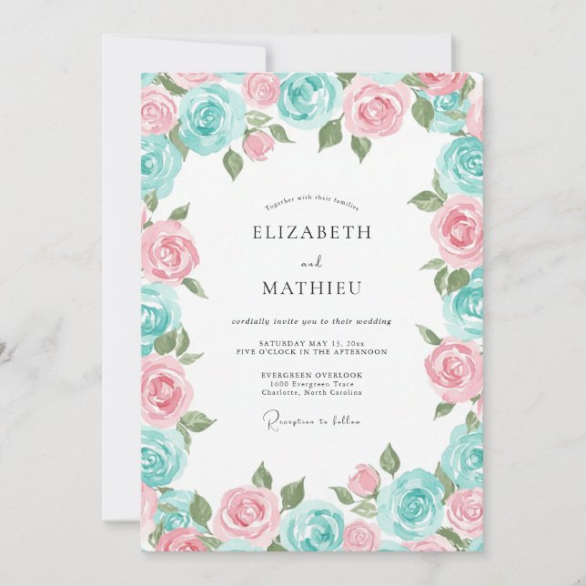 Invitación Boda Rosa Radiante Aqua Rosa (Anverso)