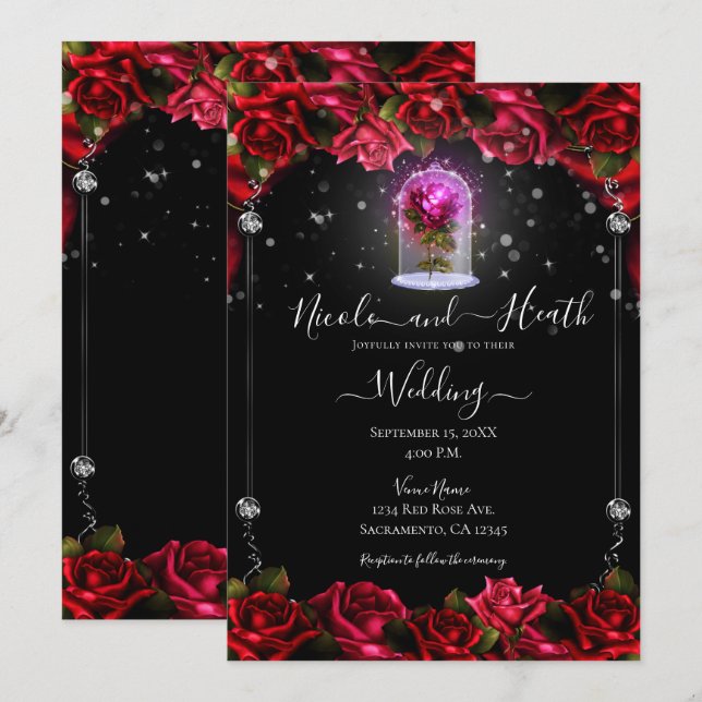 Invitación Boda Rosa Roja con Brillo Mágico Plateada Negra (Anverso / Reverso)