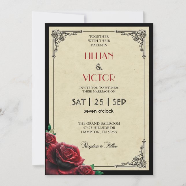 Invitación Boda Rosa Roja de Art Deco de los años 20 (Anverso)