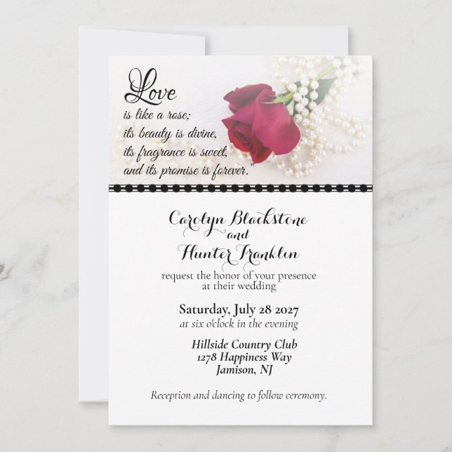 Invitación Boda Rosa Roja y Perlas (Anverso)