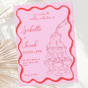 Invitación Boda Rosa Rojo Champagne Tower Wavy Hand Drake