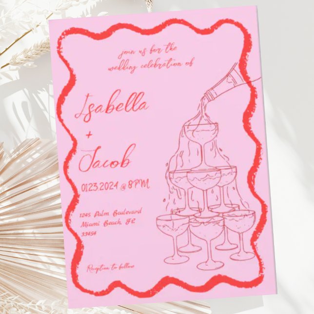 Invitación Boda Rosa Rojo Champagne Tower Wavy Hand Drake (Subido por el creador)