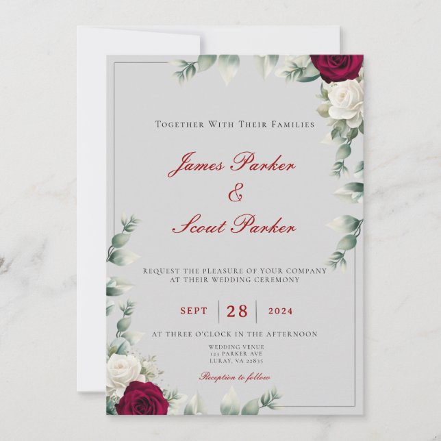 Invitación Boda Rosa rojo y blanco (Anverso)