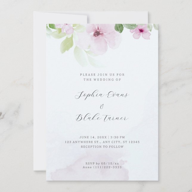 Invitación Boda rosa romántico y azul floral verde (Anverso)