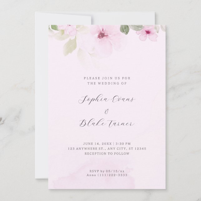 Invitación Boda rosa romántico y rosa floral verde (Anverso)