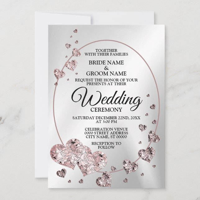 Invitación Boda Rosa Rosa Corazones Luminosos Corazones Geomé (Anverso)