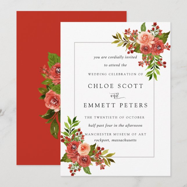 Invitación Boda Rosa Rosa de Coral Rojo de Borgoña (Anverso / Reverso)