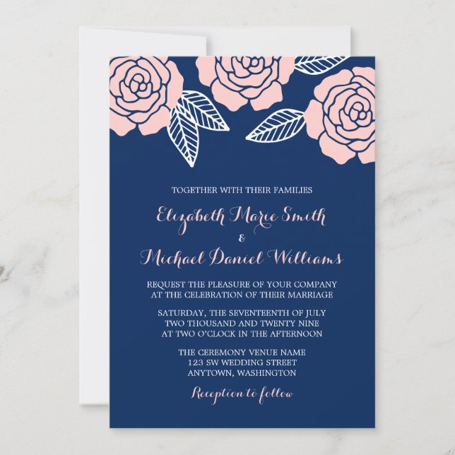 Invitación Boda rosa rosa rosa azul de la marina moderna y Ru (Anverso)