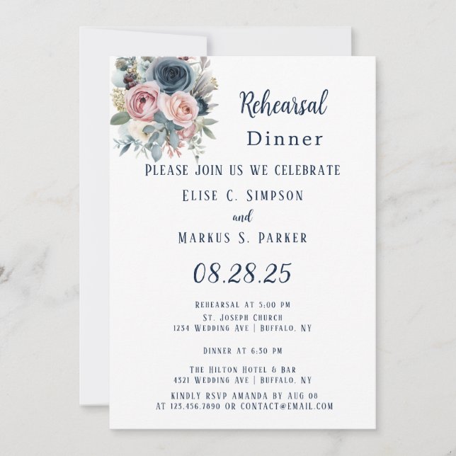 Invitación Boda rosa rosa rosa azul de la marina Rubor (Anverso)