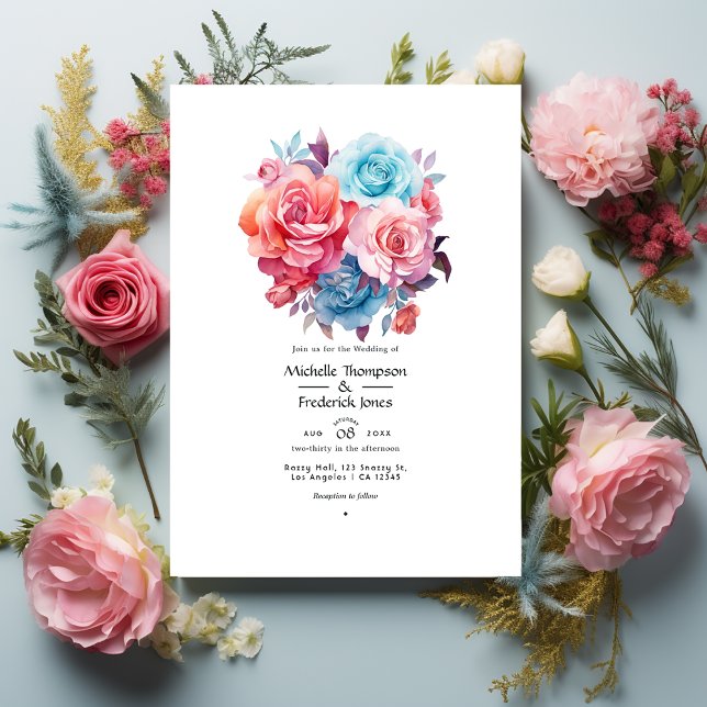 Invitación Boda rosa Rosa, rosa Rubor, turquesa y azul (Subido por el creador)
