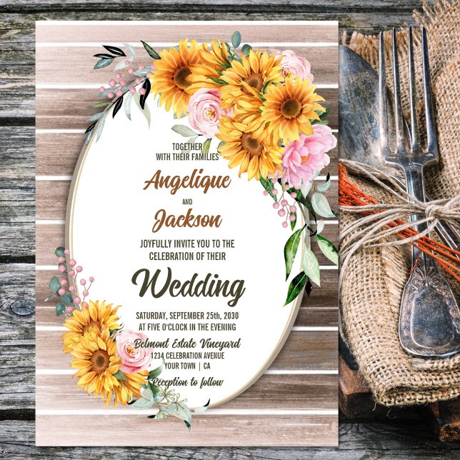 Invitación Boda rosa rosado de girasol de madera de oliva rus (Subido por el creador)