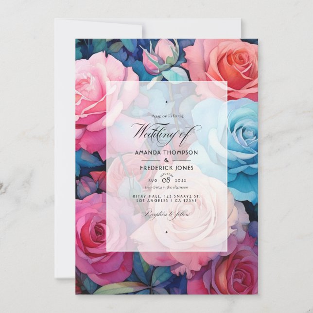 Invitación Boda Rosa Rosado, Rosa Rubor, Turquesa y Azul (Anverso)