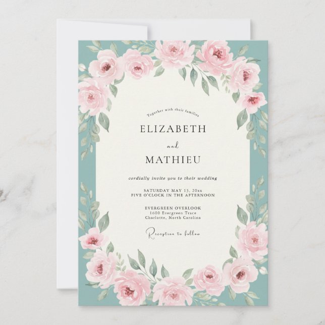 Invitación Boda Rosa Rubor Acuática (Anverso)