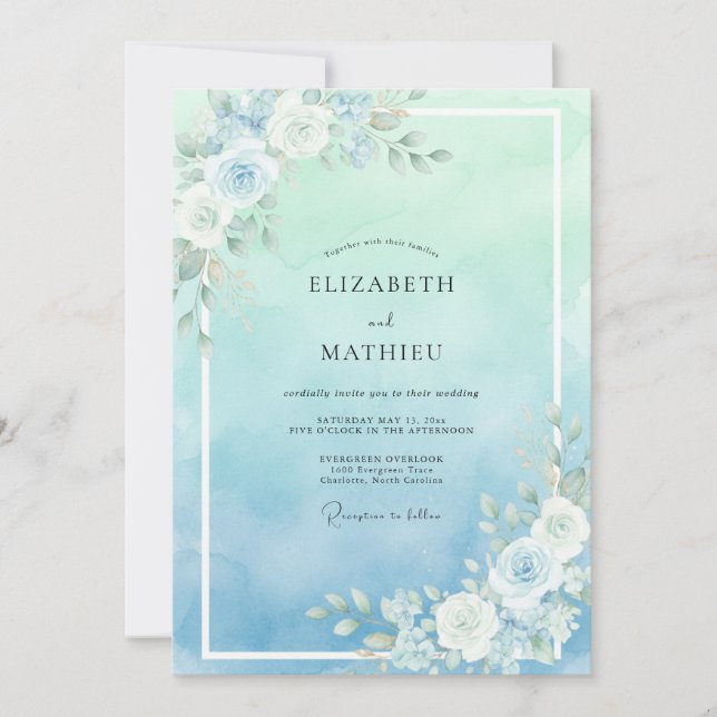 Invitación Boda Rosa Rubor Aqua Menta (Anverso)