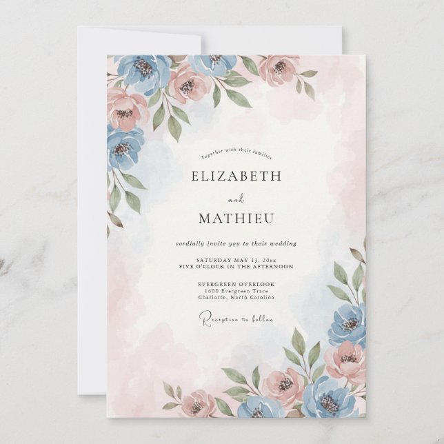 Invitación Boda Rosa Rubor Azul Cielo Dorado (Anverso)