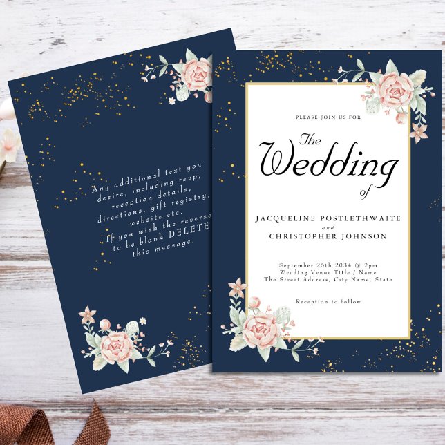 Invitación Boda rosa Rubor azul de la marina (Subido por el creador)