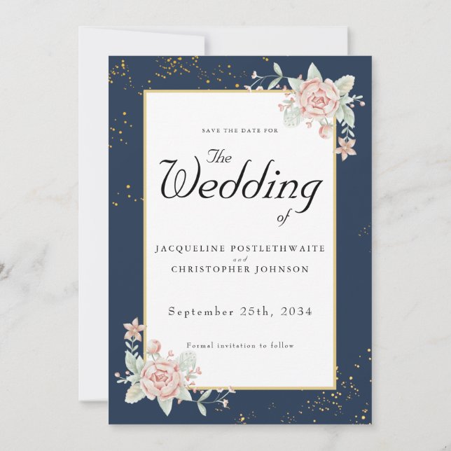 Invitación Boda rosa Rubor azul de la marina salva la fecha (Reverso)