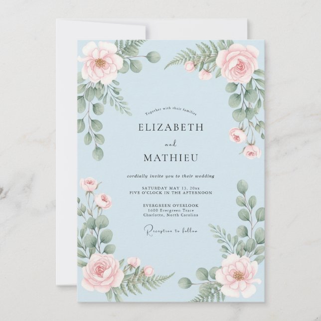 Invitación Boda Rosa Rubor Azul Polvo (Anverso)