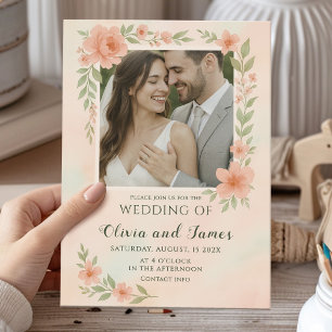 Invitación Boda rosa Rubor con marco floral y foto