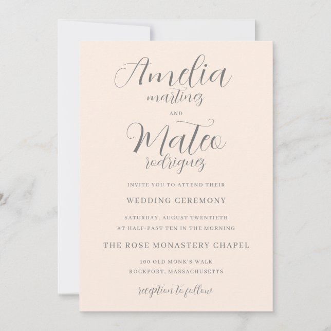 Invitación Boda rosa Rubor de caligrafía minimalista (Anverso)