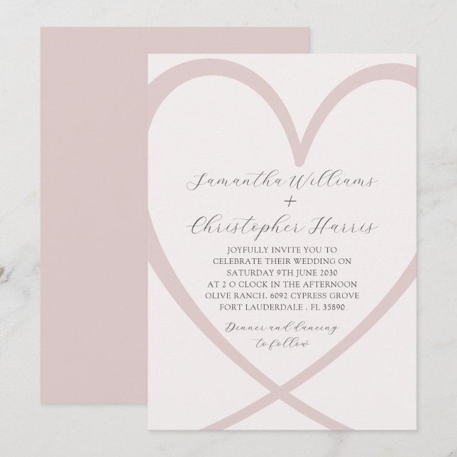 Invitación Boda rosa Rubor de corazón moderno (Anverso / Reverso)
