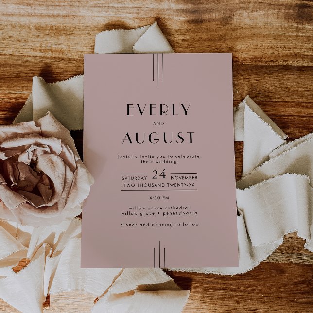 Invitación BODA rosa Rubor de estilo Art déco retro (EVERLY Retro Vintage Art Deco Blush Pink Wedding Invitation)