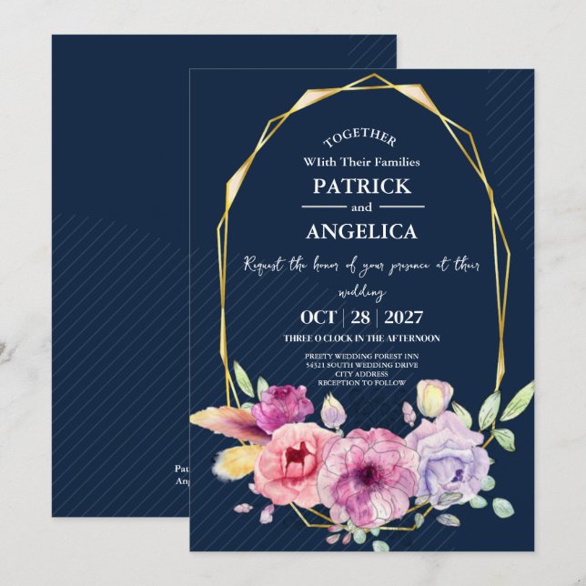 Invitación Boda rosa Rubor de la Marina Azul de Borgoña Azul (Anverso / Reverso)