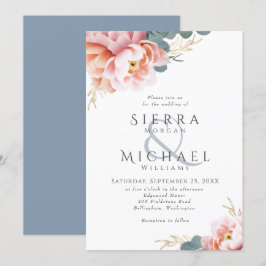 Invitación Boda rosa Rubor floral azul turbio moderno rosa