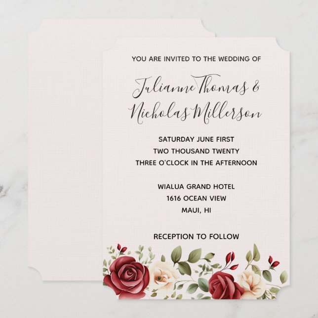 Invitación Boda rosa Rubor floral de rosas rojas románticas (Anverso / Reverso)