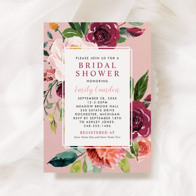 Invitación Boda rosa ruidoso floral borgoñona ducha de novia (Subido por el creador)