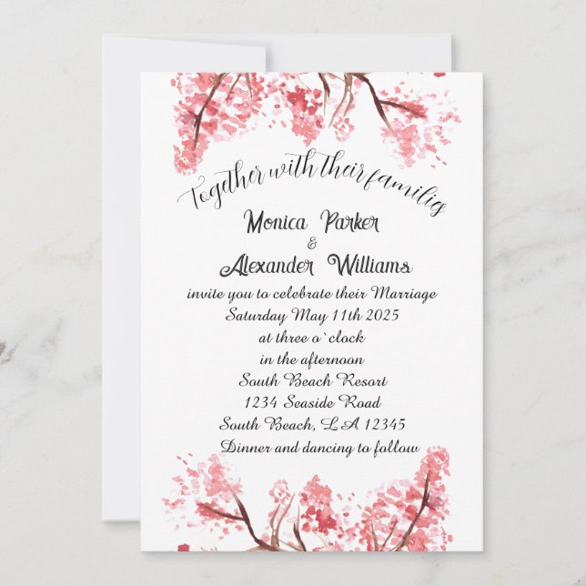 Invitación Boda rosa Sakura japonés con flores de cerezo (Anverso)