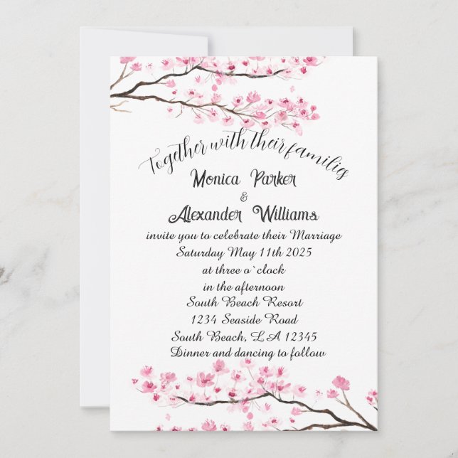 Invitación Boda rosa Sakura japonés con flores de cerezo (Anverso)