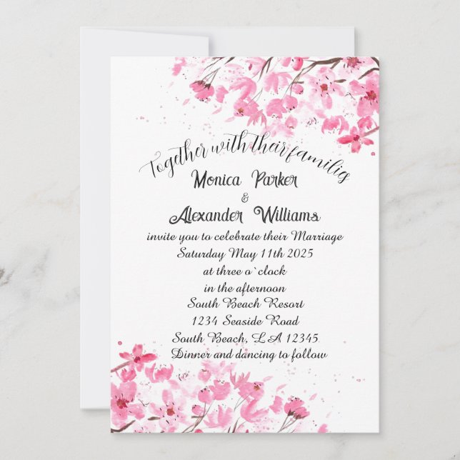Invitación Boda rosa Sakura japonés con flores de cerezo Invi (Anverso)