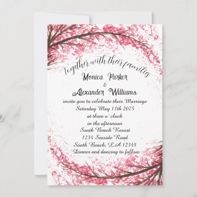 Invitación Boda rosa Sakura japonés con flores de cerezo Invi (Anverso)
