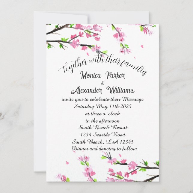 Invitación Boda rosa Sakura japonés con flores de cerezo Invi (Anverso)