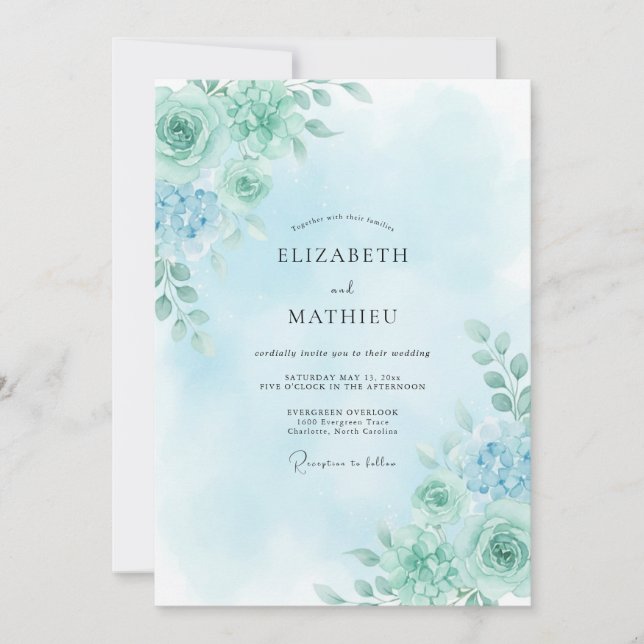 Invitación Boda Rosa Serena Verde Espuma de Mar (Anverso)