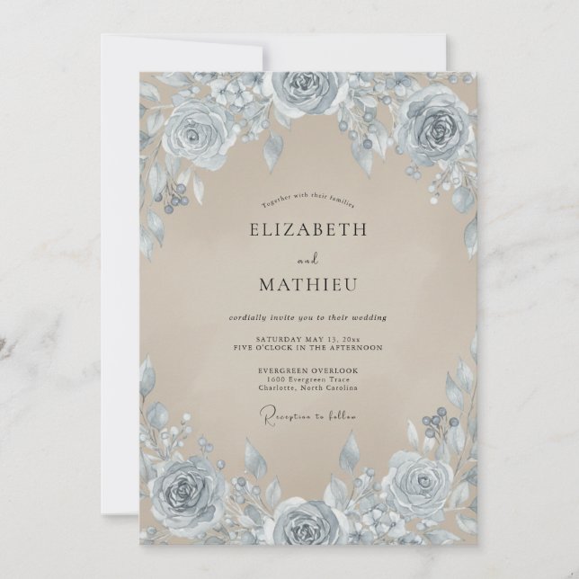 Invitación Boda Rosa Taupe de Acero (Anverso)