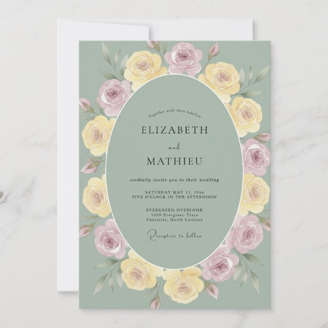 Invitación Boda Rosa Tranquila Verde Salvia (Anverso)