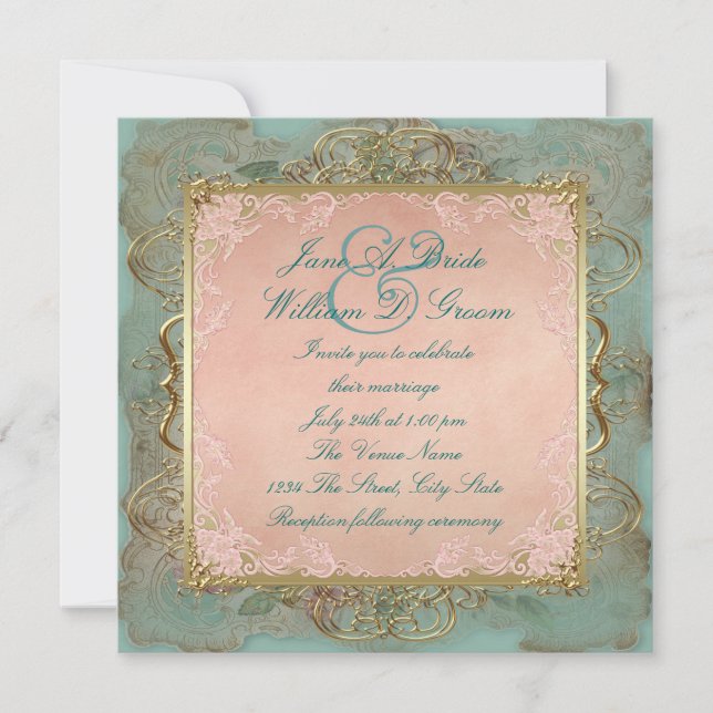 Invitación Boda rosa Verde azulada azul y oro de cosecha (Anverso)