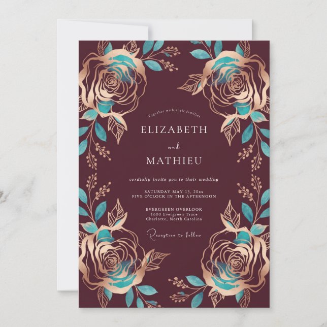 Invitación Boda Rosa Verde Burgundy (Anverso)