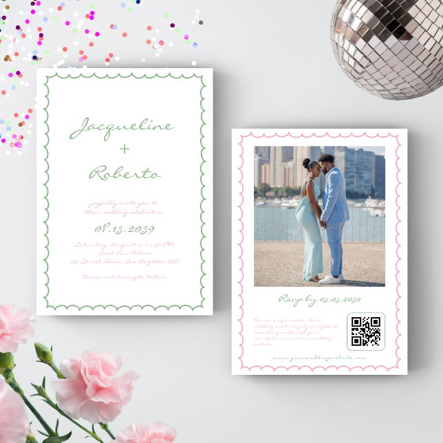 Invitación Boda rosa verde con marco retro dibujado a mano su (Subido por el creador)