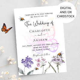 Invitación Boda rosa violeta de flores silvestres de mariposa