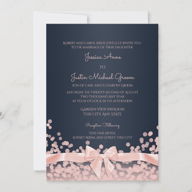 Invitación Boda rosa y azul de la Marina de Bokeh (Anverso)